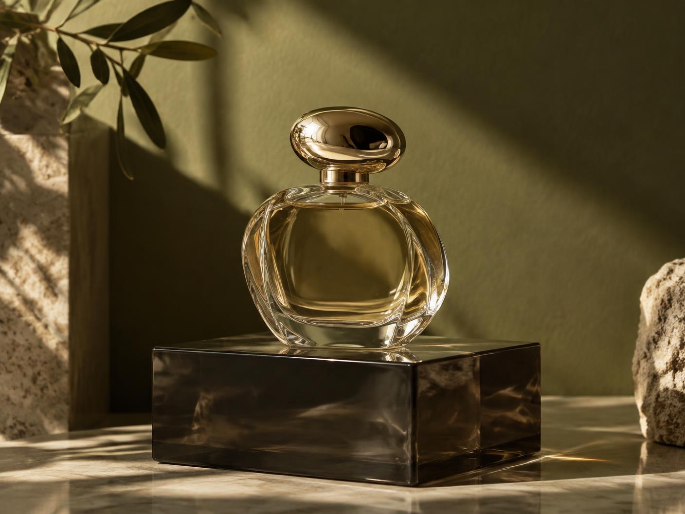 Sculptural perfume bottle in warm directional light