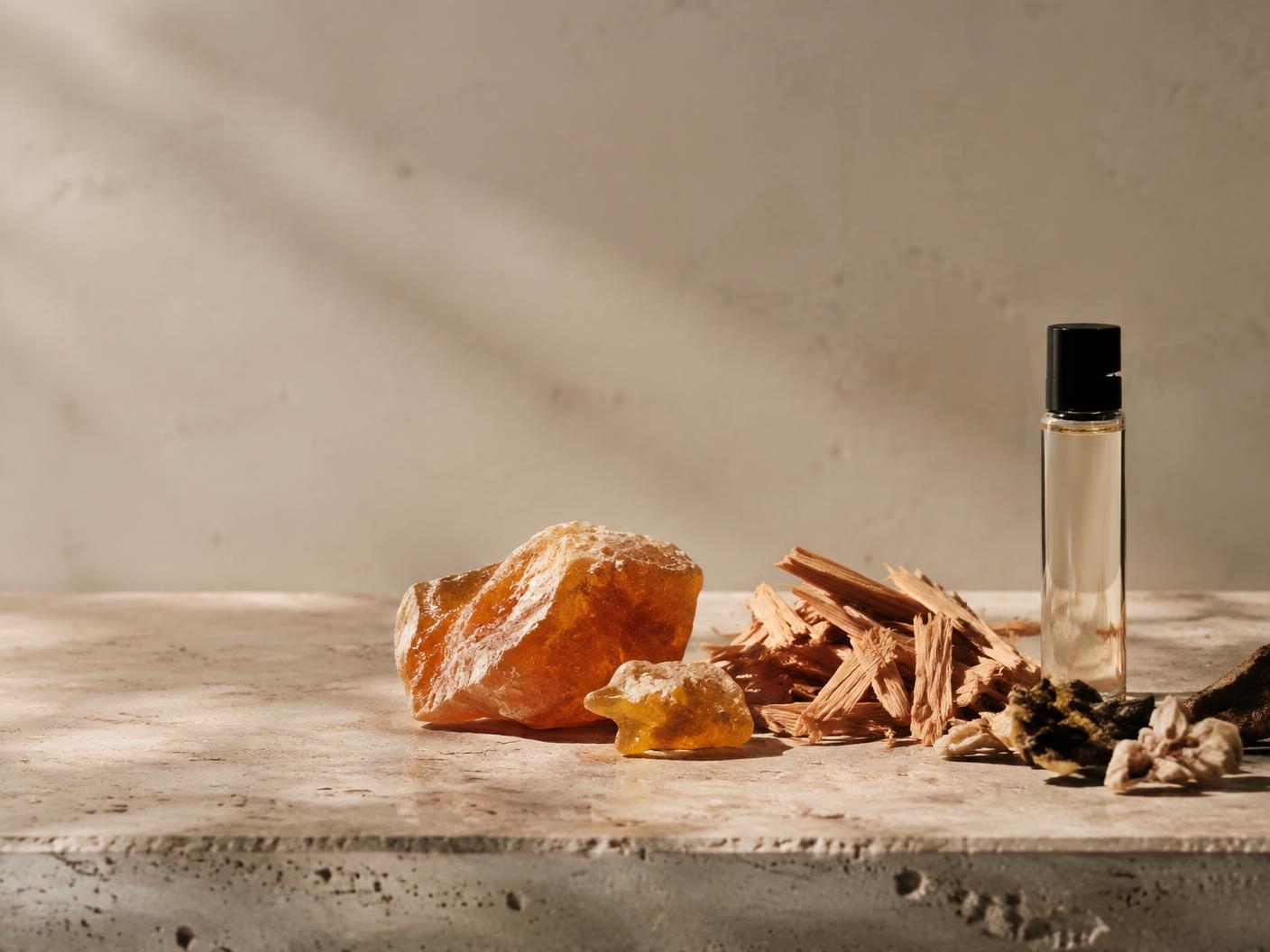 Amber resin, cedar wood and botanicals — raw fragrance ingredients on stone