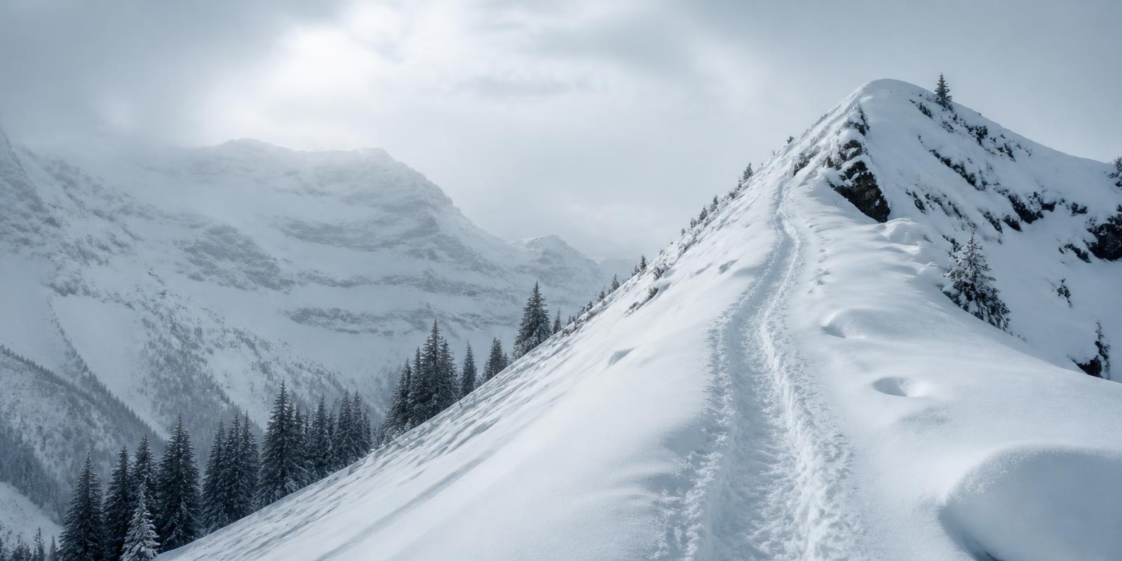 A footpath climbing a snowy alpine ridge