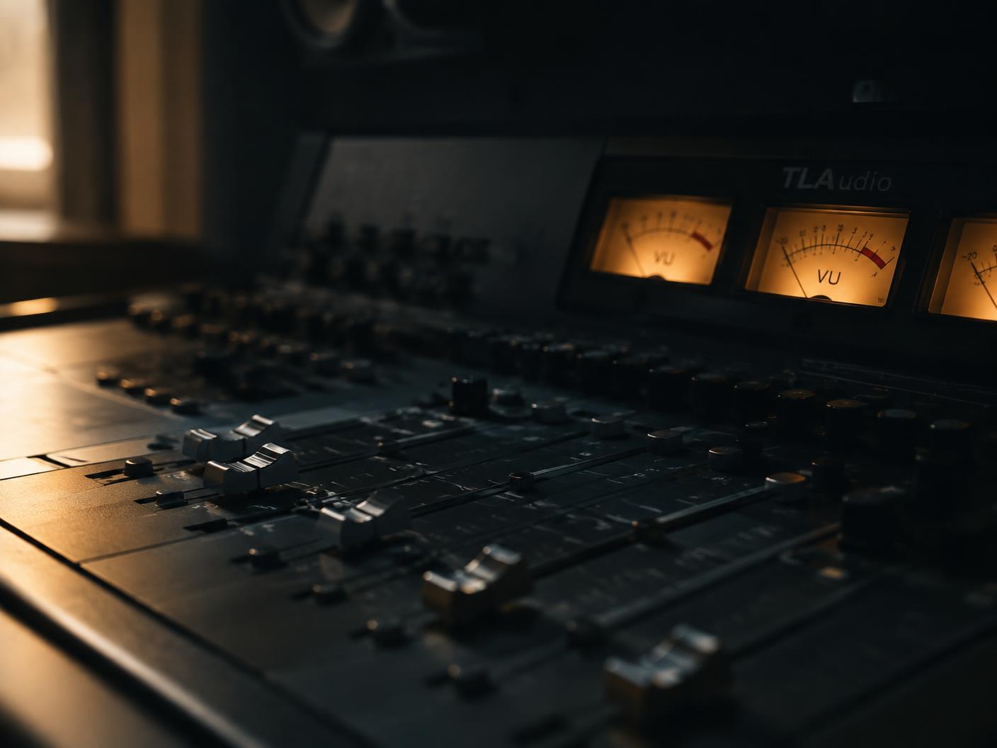 Mixing console faders and glowing VU meters in a dark recording studio